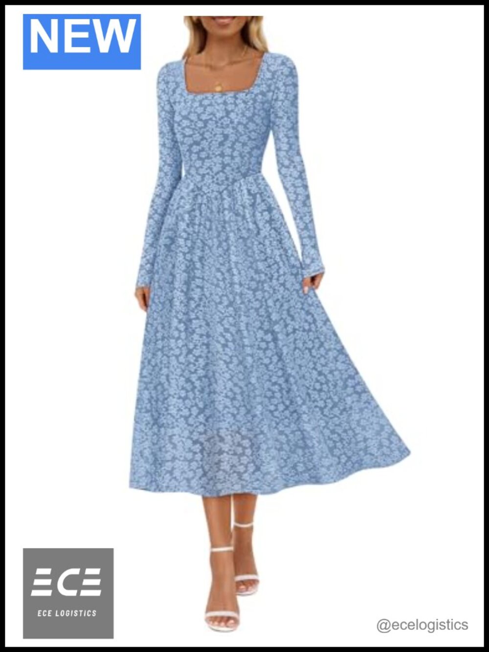 Floral Midi Dress Long Sleeve Square Neck A Line Ruched Wedding Guest